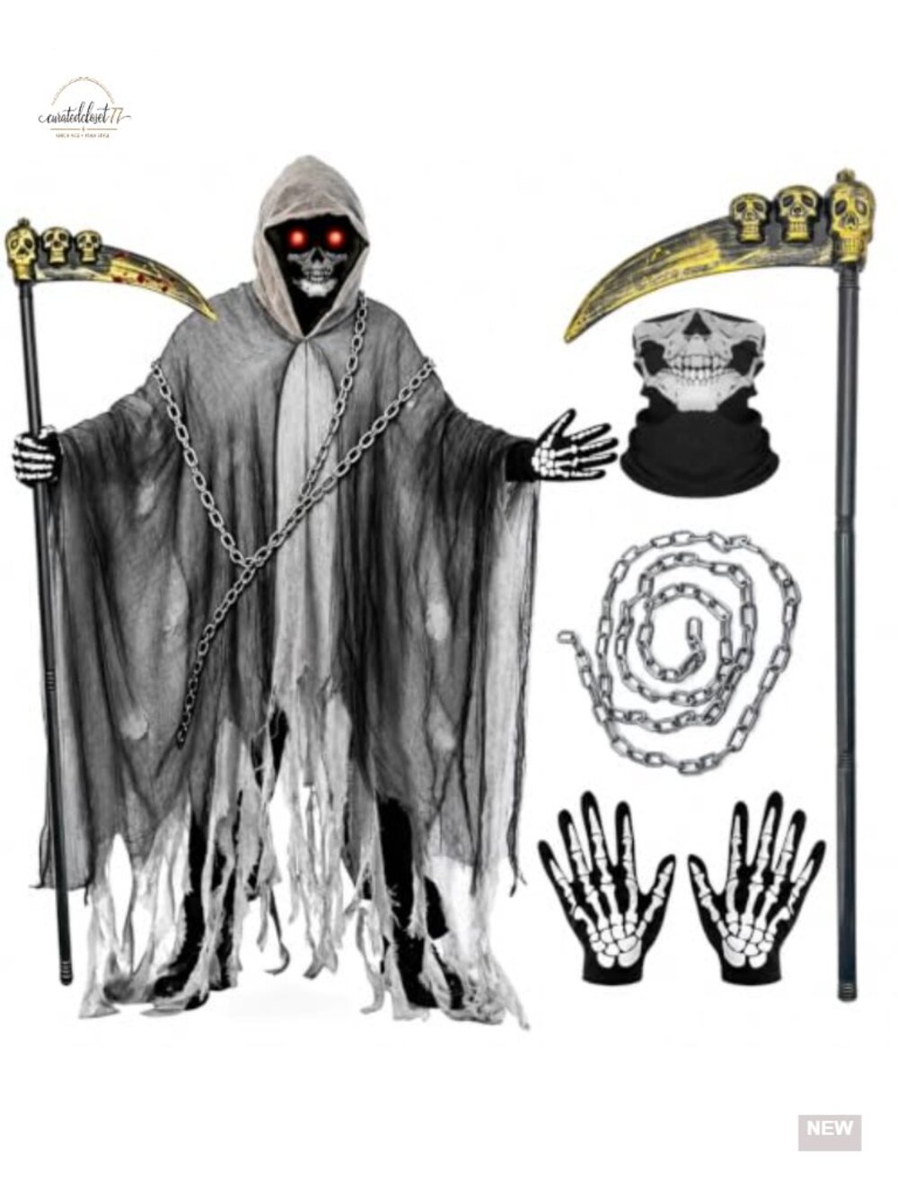 Adult Men Grim Reaper Costume 5 Piece Set Scythe Mask Cloak